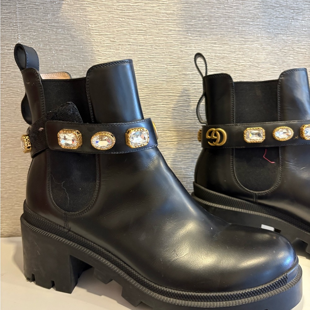Gucci Black Ankle Boots with Gold Embellishments and removable band